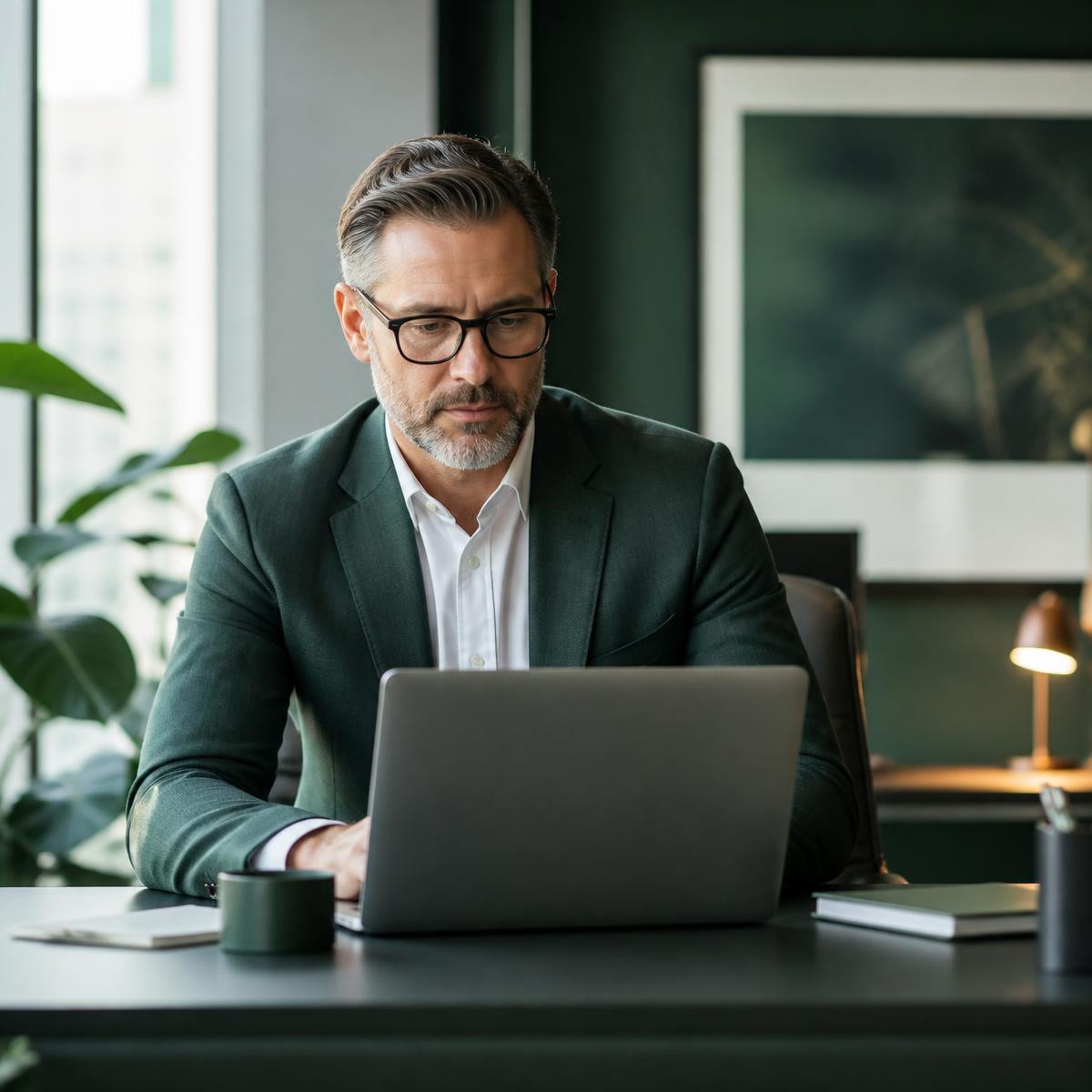 A business owner reviewing company accounts on a laptop